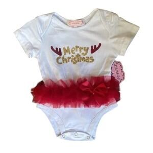 Popatu Christmas White Red Gold Glitter Tutu Bow Ruffle Bodysuit Size 18M NWT